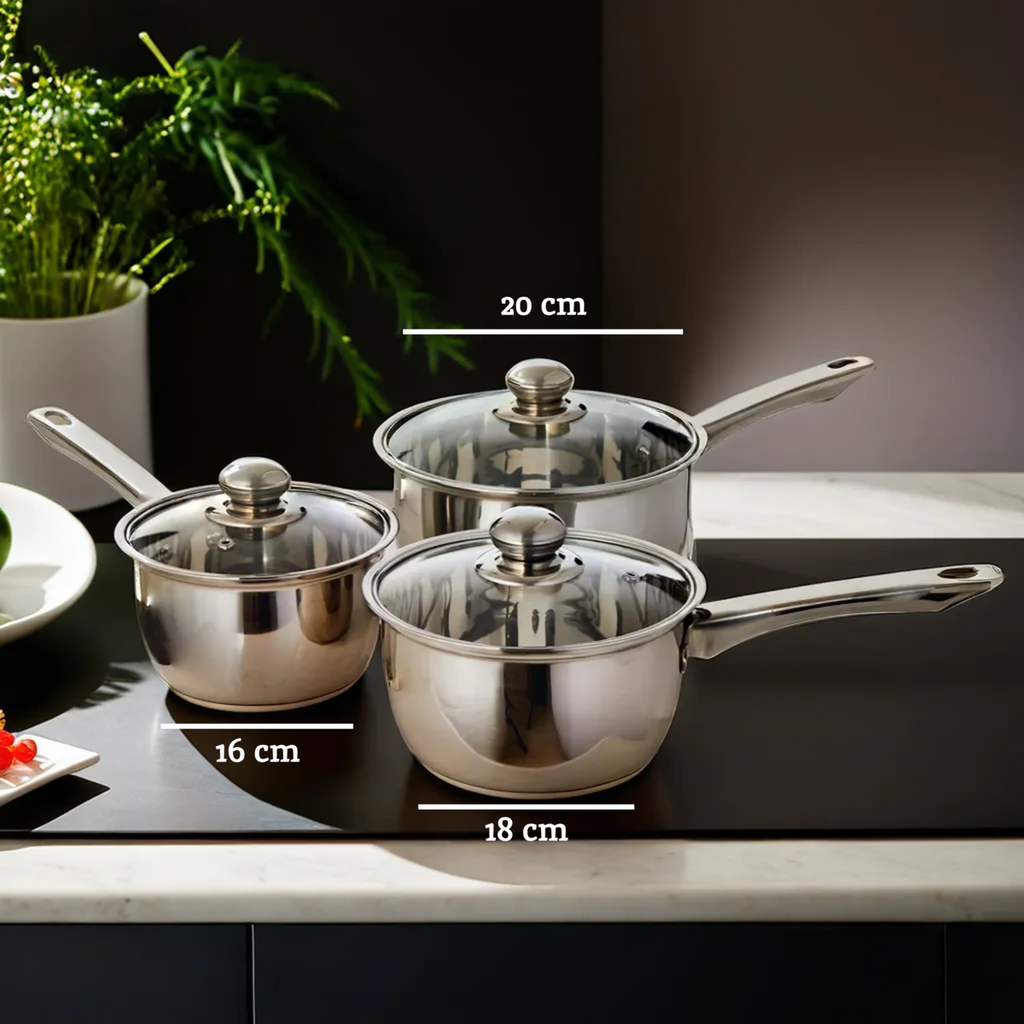 Set of 3 Stainless Steel Saucepans with Glass Lids | Crosse