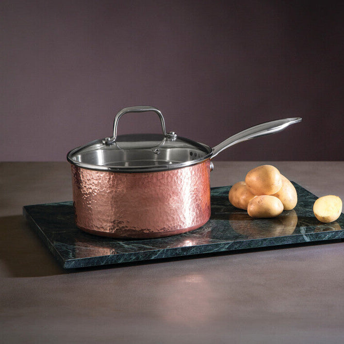 Minerva Medium 18 cm Hammered Copper Finish Saucepan with Lid