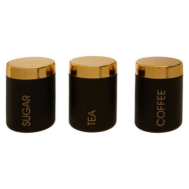 Set of 3 Black Enamel Tea Coffee and Sugar Canisters | Liberty