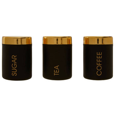 Set of 3 Black Enamel Tea Coffee and Sugar Canisters | Liberty