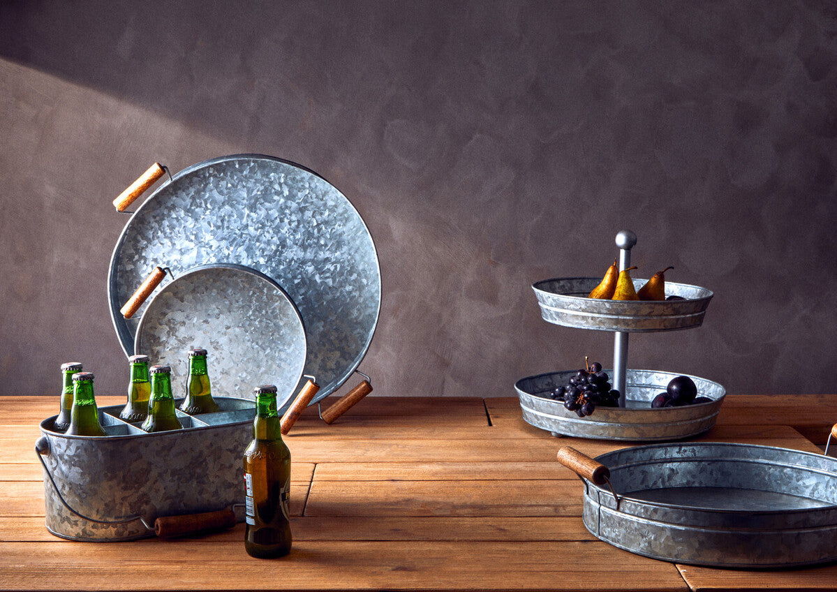 Round Galvanised Steel Tray with Wood Handles | Drummond