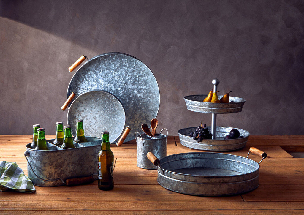 Round Galvanised Steel Tray with Wood Handles | Drummond