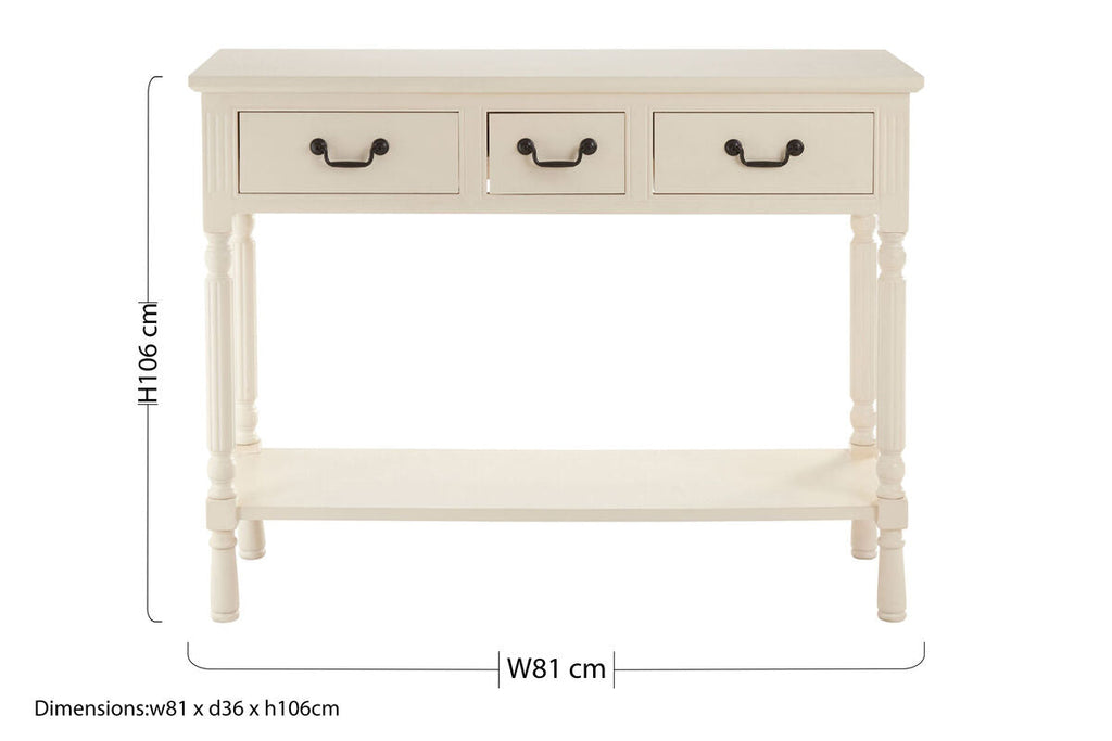 White Ivory Wooden 3-Drawer Console Table with Bevelled Top and Bottom Shelf | Heritage