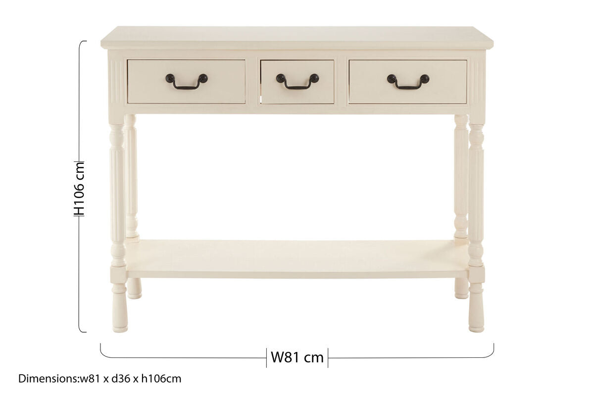 White Ivory Wooden 3-Drawer Console Table with Bevelled Top and Bottom Shelf | Heritage