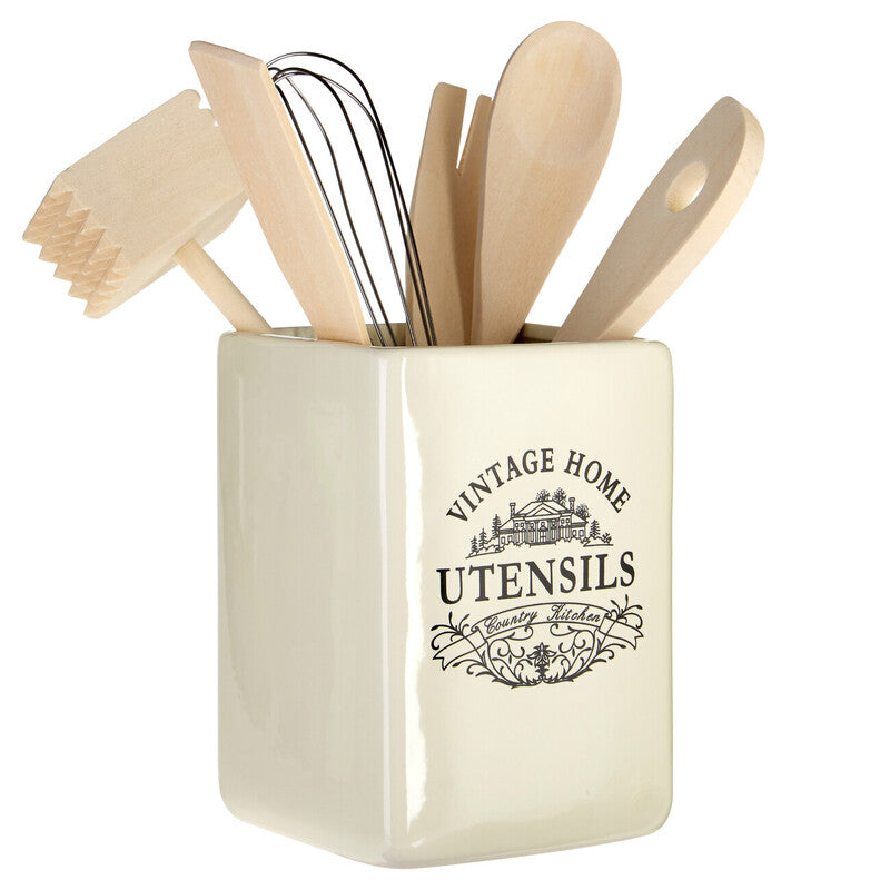 Cream Utensil Holder with 6 Utensils | Vintage Home