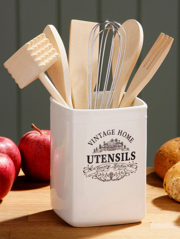 Cream Utensil Holder with 6 Utensils | Vintage Home