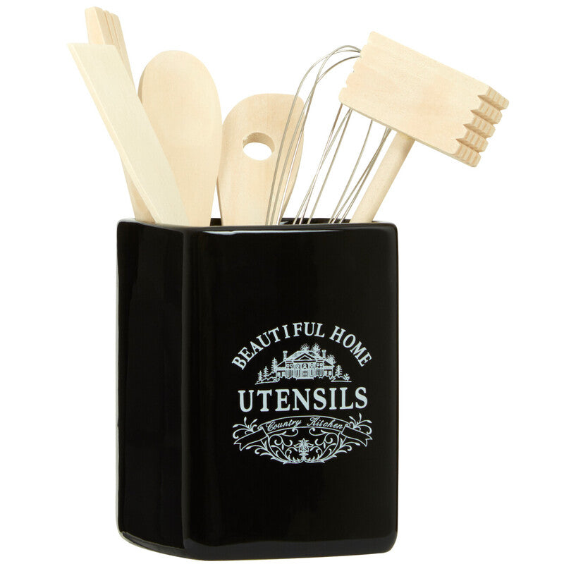Black Utensil Holder with 6 Utensils | Vintage Home
