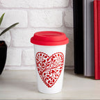 Heart Design Ceramic Reusable Mug with Silicone Lid | Taza