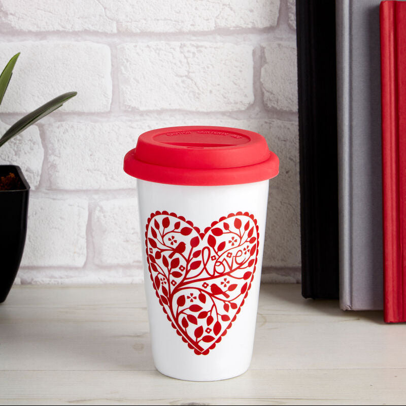 Heart Design Ceramic Reusable Mug with Silicone Lid | Taza