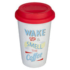 Wake Up Ceramic Reusable Mug with Silicone Lid | Taza