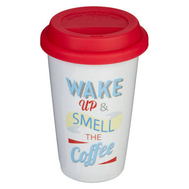 Wake Up Ceramic Reusable Mug with Silicone Lid | Taza