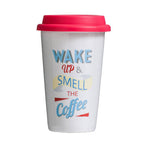 Wake Up Ceramic Reusable Mug with Silicone Lid | Taza