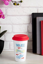 Wake Up Ceramic Reusable Mug with Silicone Lid | Taza