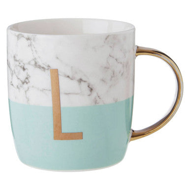 Frosted Deco Marble Effect and Pastel Green Monogram Mug, L