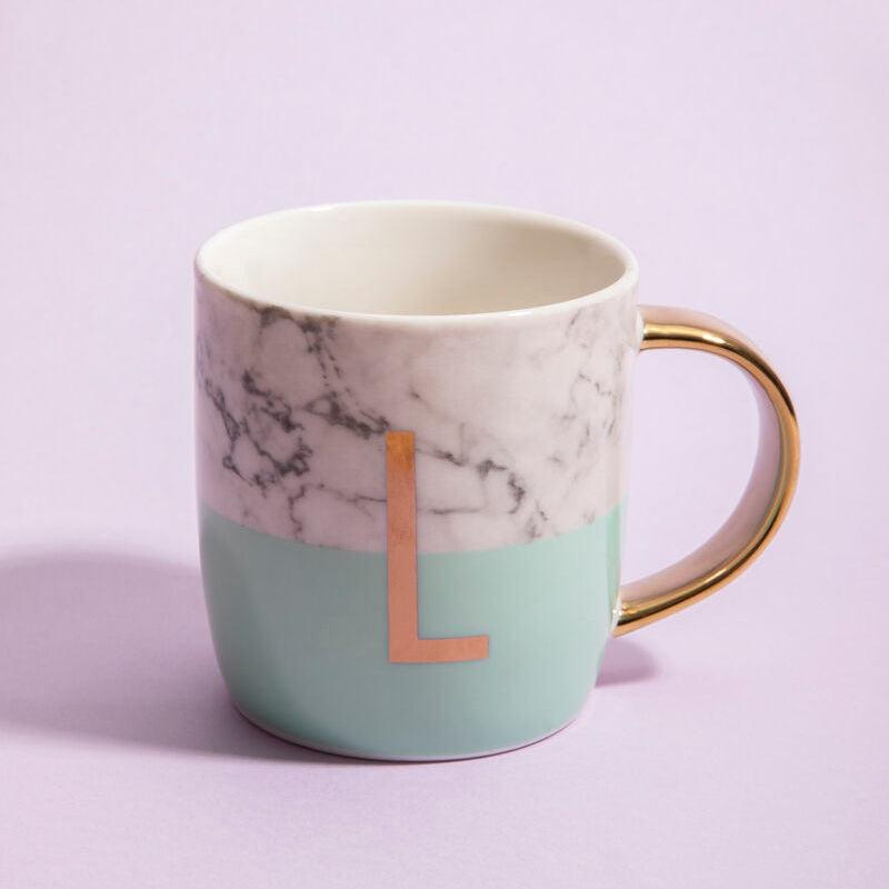 Frosted Deco Marble Effect and Pastel Green Monogram Mug, L