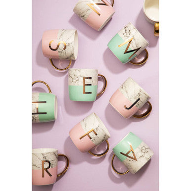 Frosted Deco Marble Effect and Pastel Green Monogram Mug, E