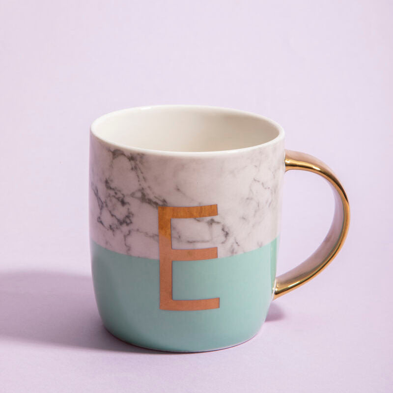 Frosted Deco Marble Effect and Pastel Green Monogram Mug, E