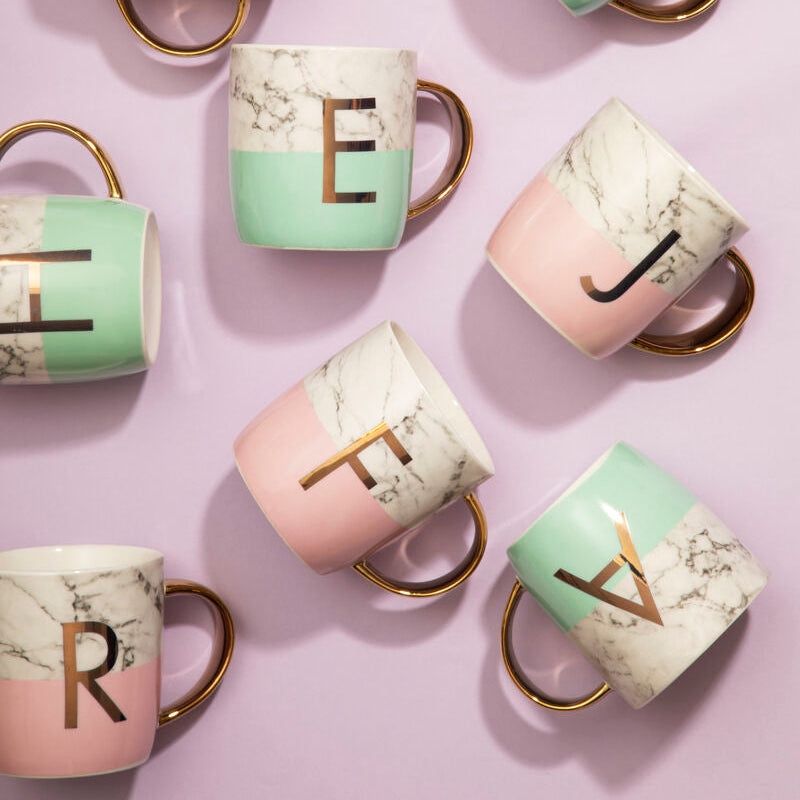 Frosted Deco Marble Effect and Pastel Green Monogram Mug, K