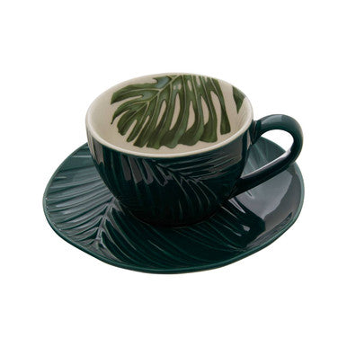 Dark Green Cup and Saucer with Leaf Design | Bali