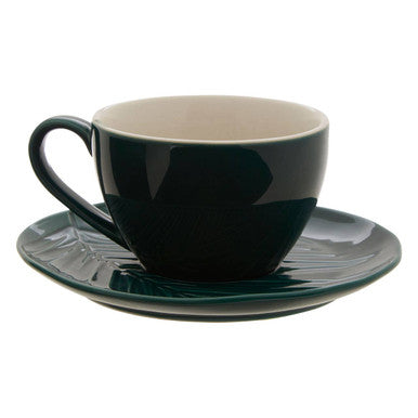 Dark Green Cup and Saucer with Leaf Design | Bali