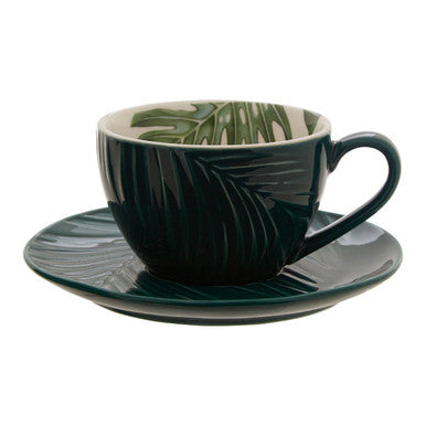Dark Green Cup and Saucer with Leaf Design | Bali