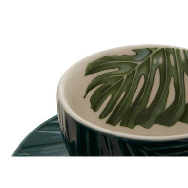 Dark Green Cup and Saucer with Leaf Design | Bali