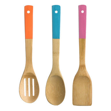 3 Piece Bamboo Kitchen Utensil Set With Coloured Handles | Aleki