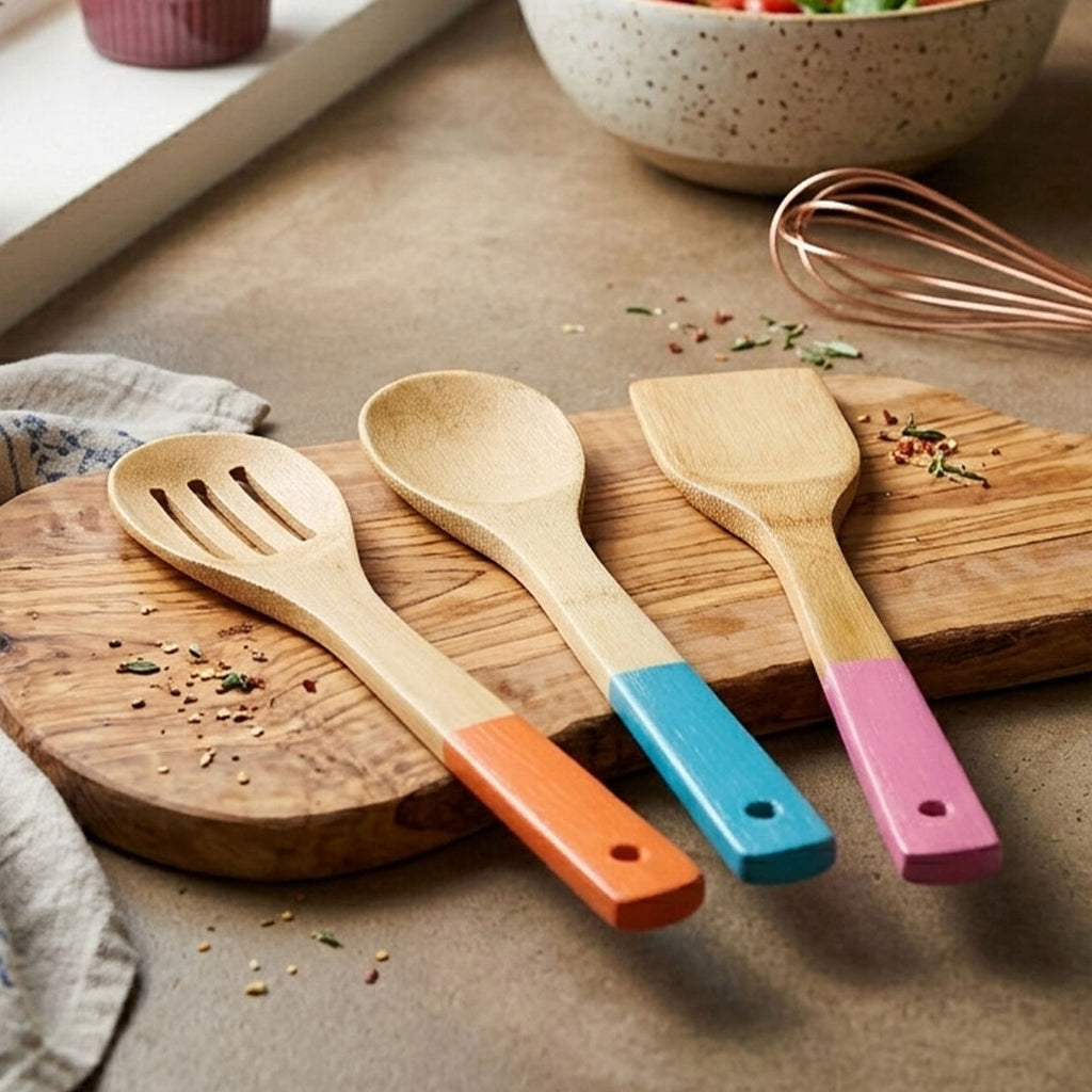 3 Piece Bamboo Kitchen Utensil Set With Coloured Handles | Aleki