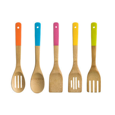 5 Piece Bamboo Kitchen Utensil Set With Multi Colour Handles | Aleki
