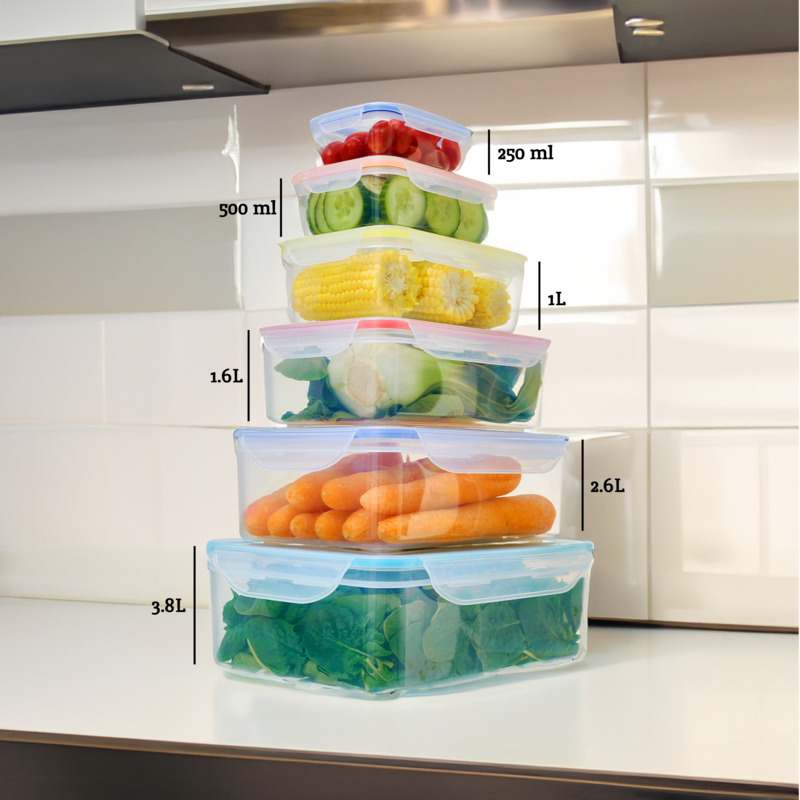 6 Piece Rectangular Food Containers with Airtight Lids | Herrela