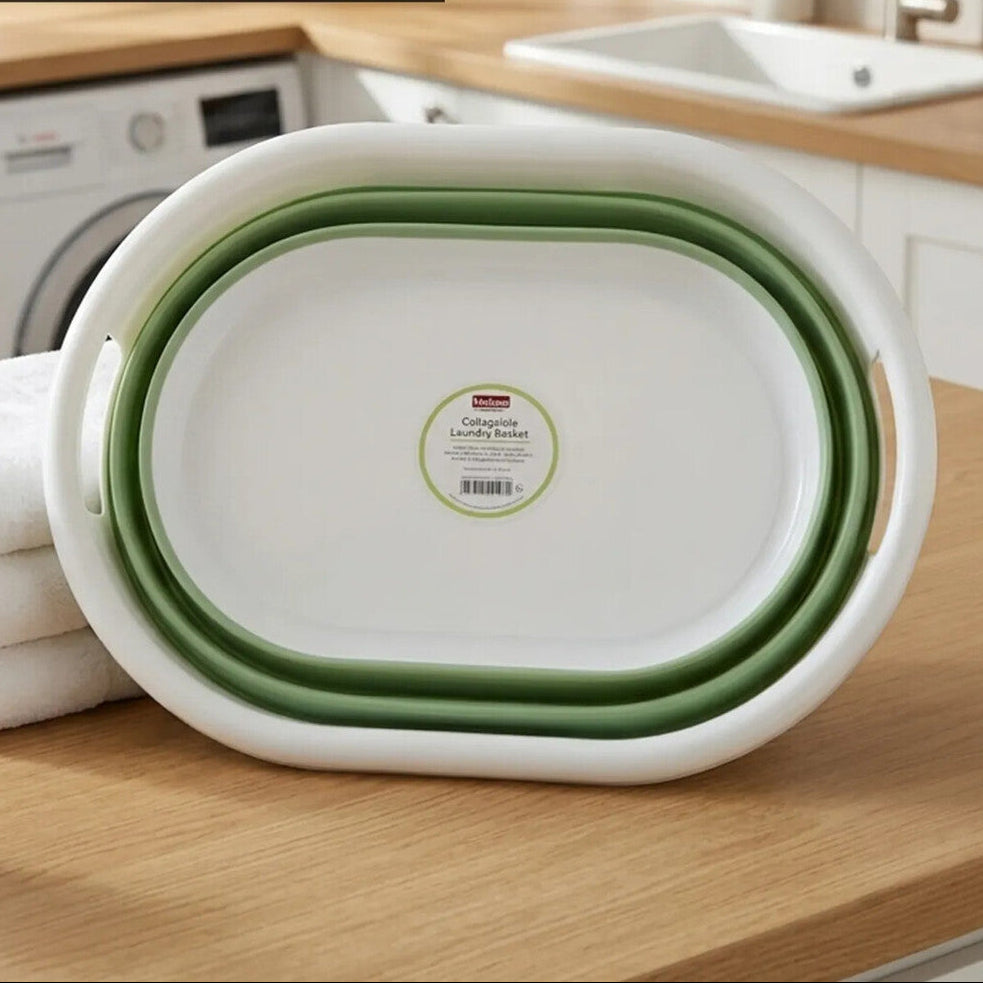 Oval Collapsible Laundry Basket in Green and White | Averill