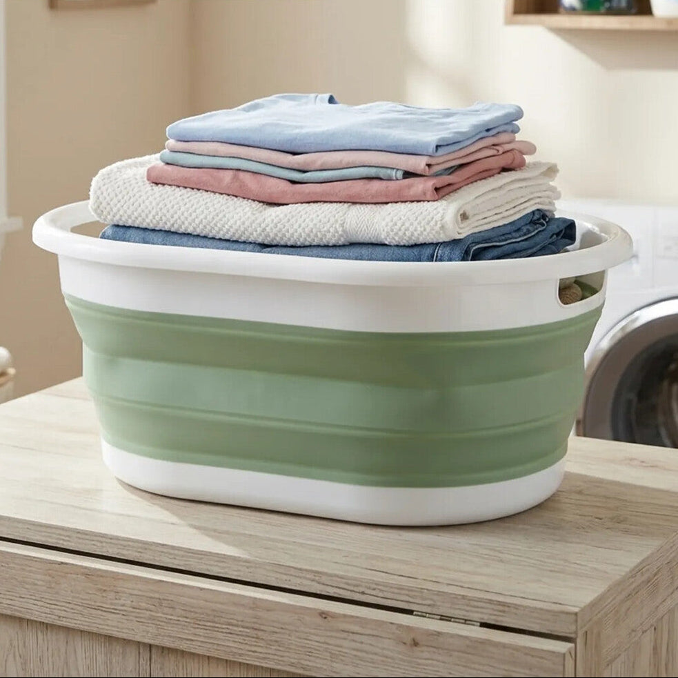 Oval Collapsible Laundry Basket in Green and White | Averill