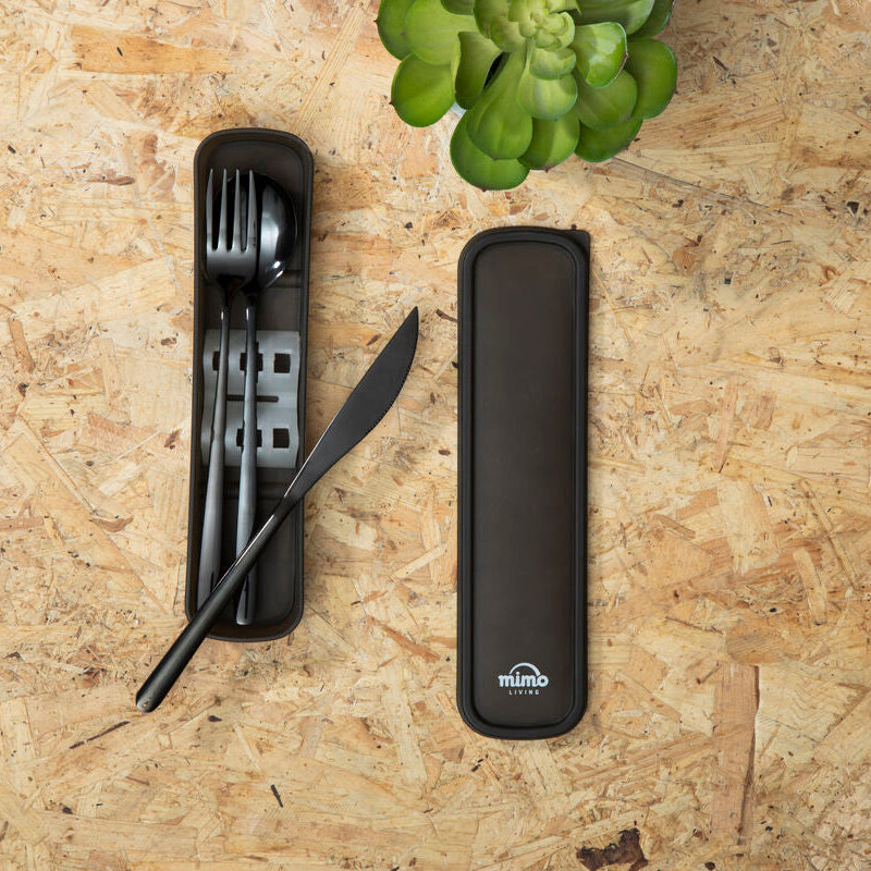 3 Piece Black Travel Cutlery Set with Case | Mimo
