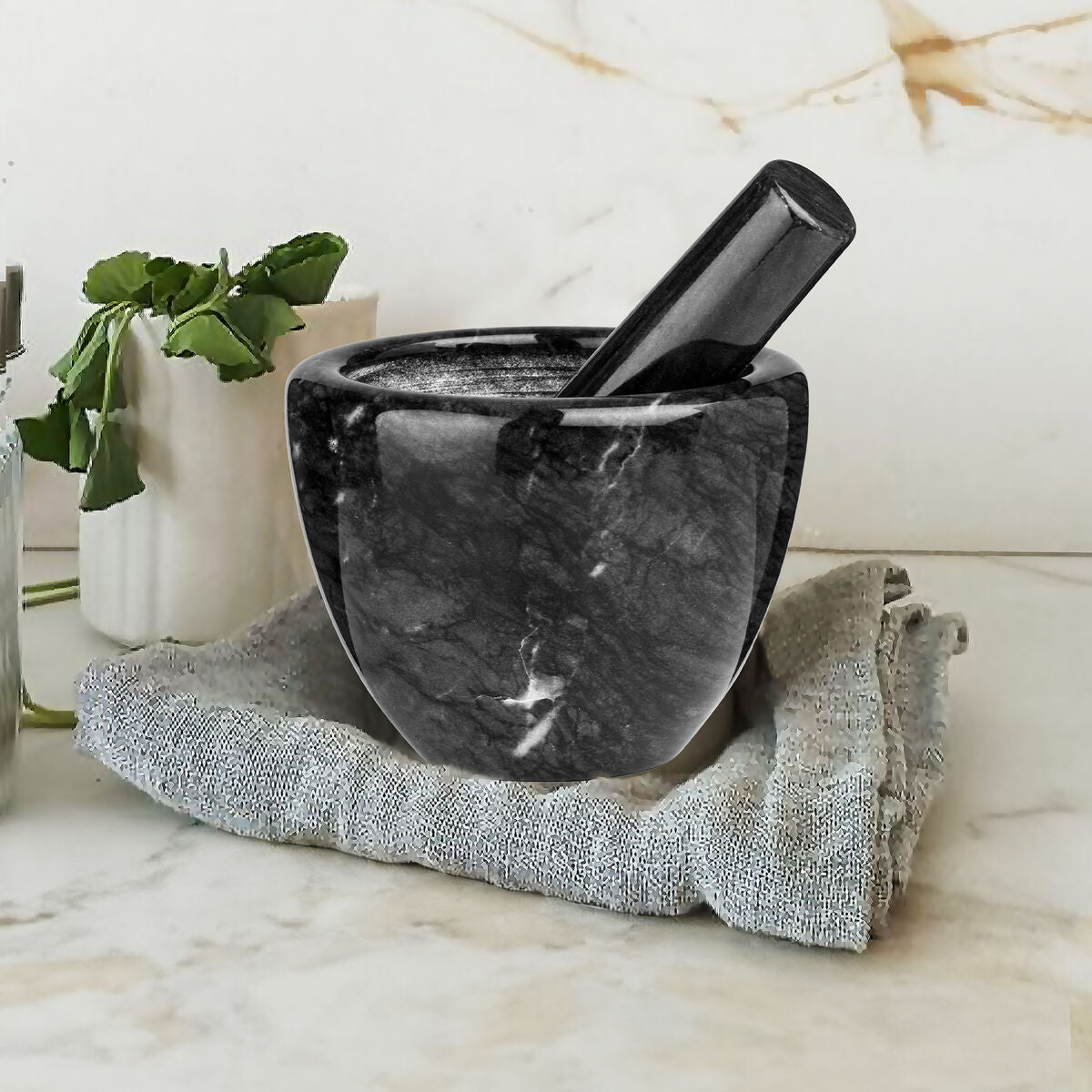 Black Marble Bowl Shaped Mortar and Pestle Set | Marmore