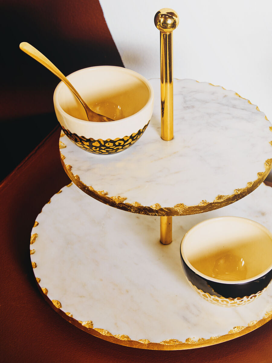 2 Tier White Marble and Gold Finish Cake Stand | Empire