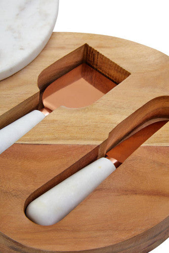 White Marble and Wood Cheese Knife and Board Set | Monzaro