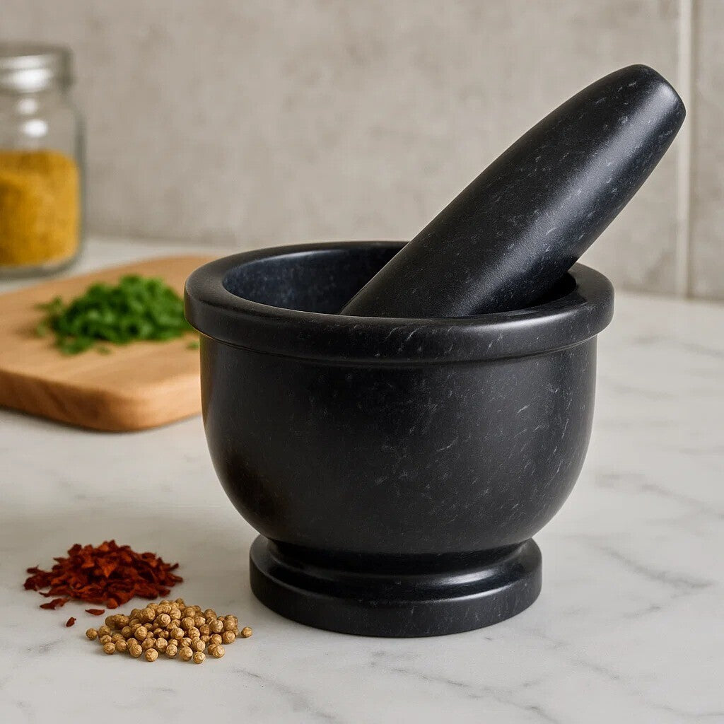 Black Marble Mortar and Pestle with Rim | Marmore