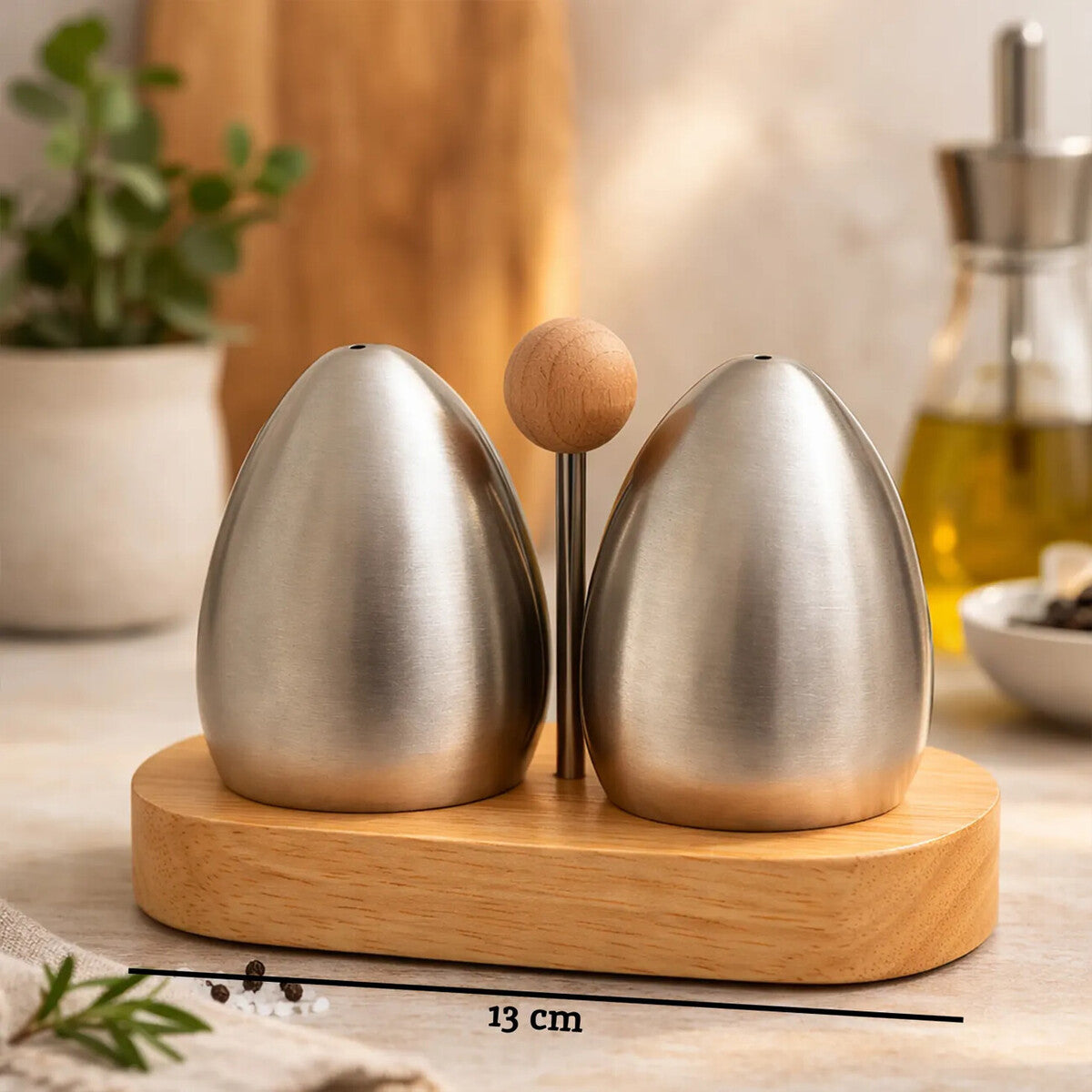 Stainless Steel and Rubberwood Salt Pepper Shakers | Natural Origins