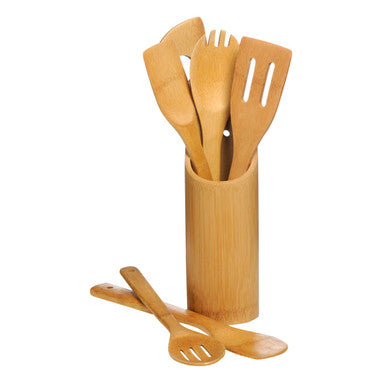 6 Piece Bamboo Kitchen Tool Set With Holder | Aleki