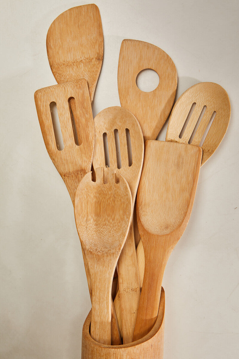 6 Piece Bamboo Kitchen Tool Set With Holder | Aleki
