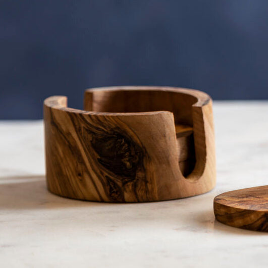 Set of 4 Olive Wood Round Coasters | Kora