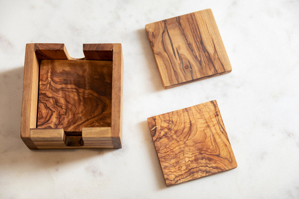 Set of 4 Olive Wood Square Coasters | Kora