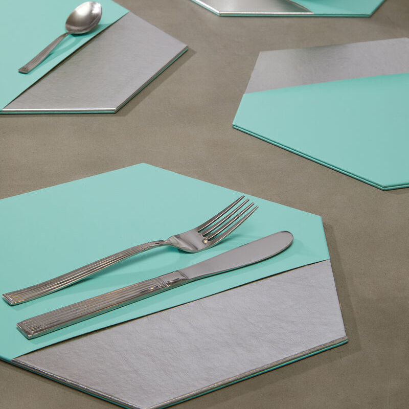 Set of 4 Leather Effect Dipped Jade and Silver Hexagon Placements | Geome