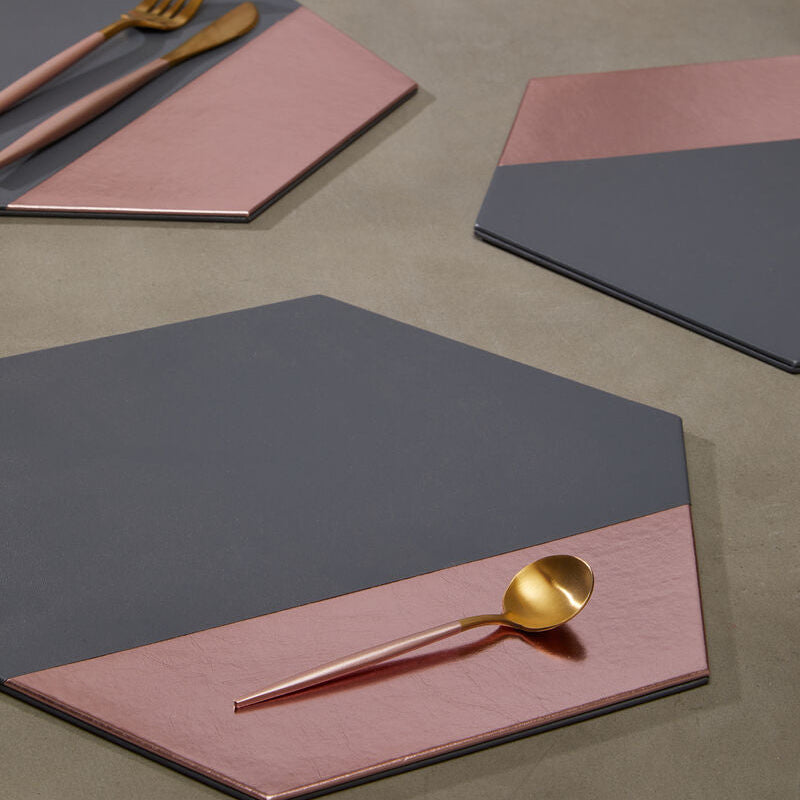 Geome Set of 4 Leather Effect Grey And Rose Gold Hexagon Placements