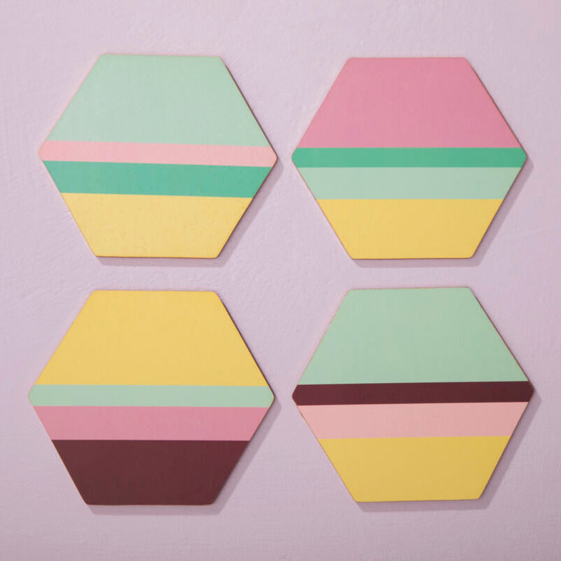 Mimo Set Of 4 Miami Striped Gold Foil Coasters