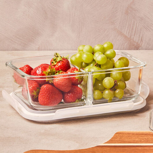 2 Section Rectangular Glass Container with Lid 1040 Ml | Freska