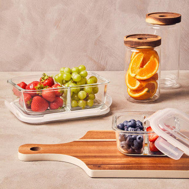 2 Section Rectangular Glass Container with Lid 1040 Ml | Freska