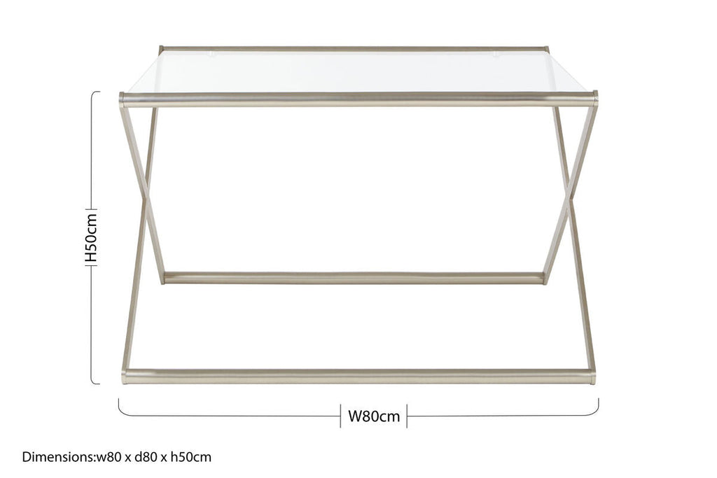 Tempered Glass Square Coffee Table with Criss Cross Satin Nickel Base | Roma