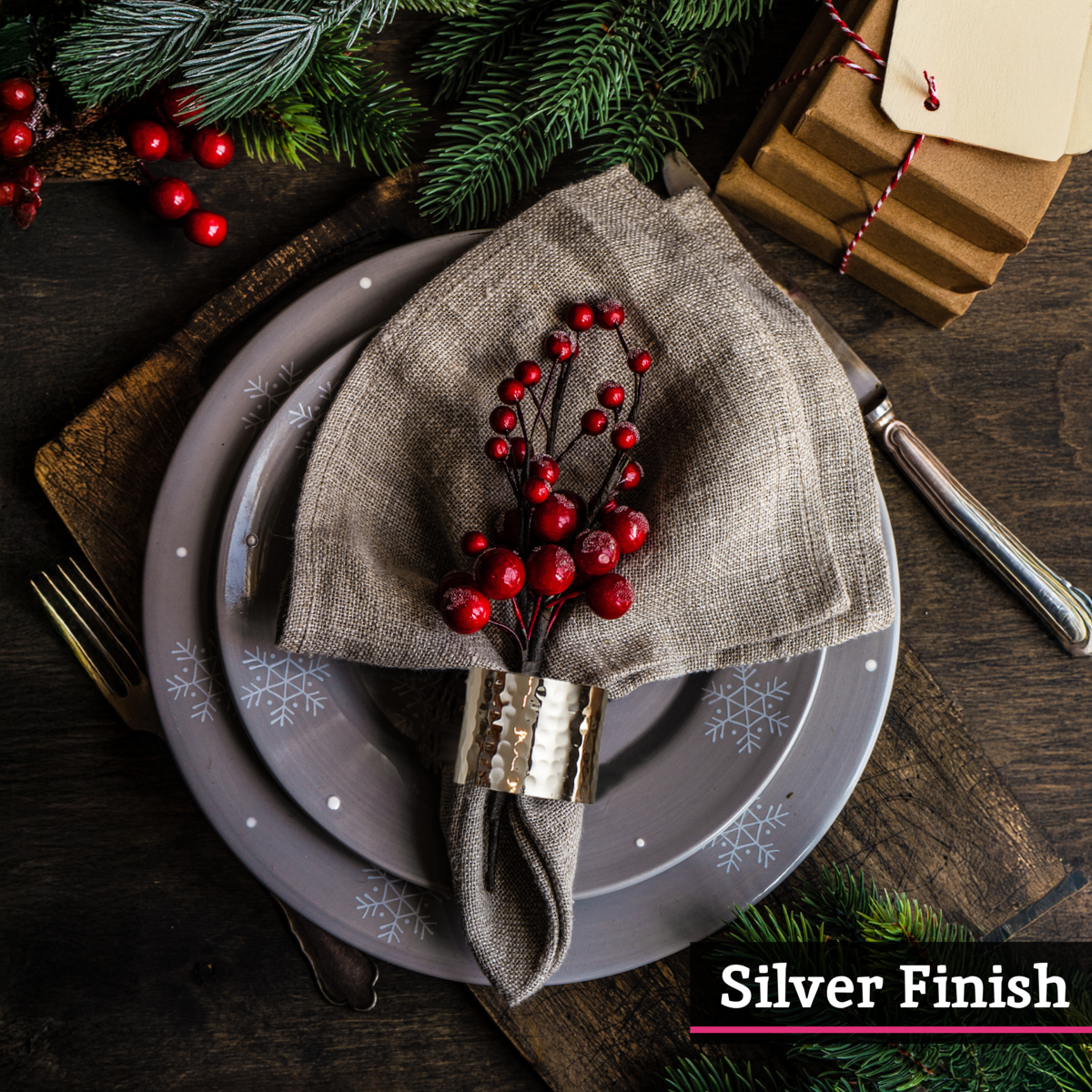 Set of Four Silver Finish Napkin Rings | Metallic Napkin Rings