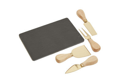 Slate Board and 4 Piece Cheese Knife Set in Gold Finish | Carter